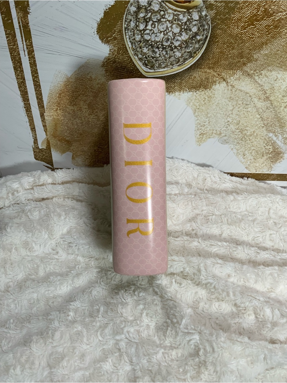 Dior Pink Cylinder Vase with Gold Logo
